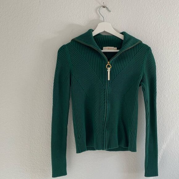 Tory Burch Zipper Closure Green Ribbed Sweater - Picture 1 of 6